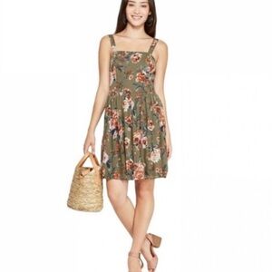 Xhilaration Olive Green Floral Square Neck Picnic Dress Smocked Large